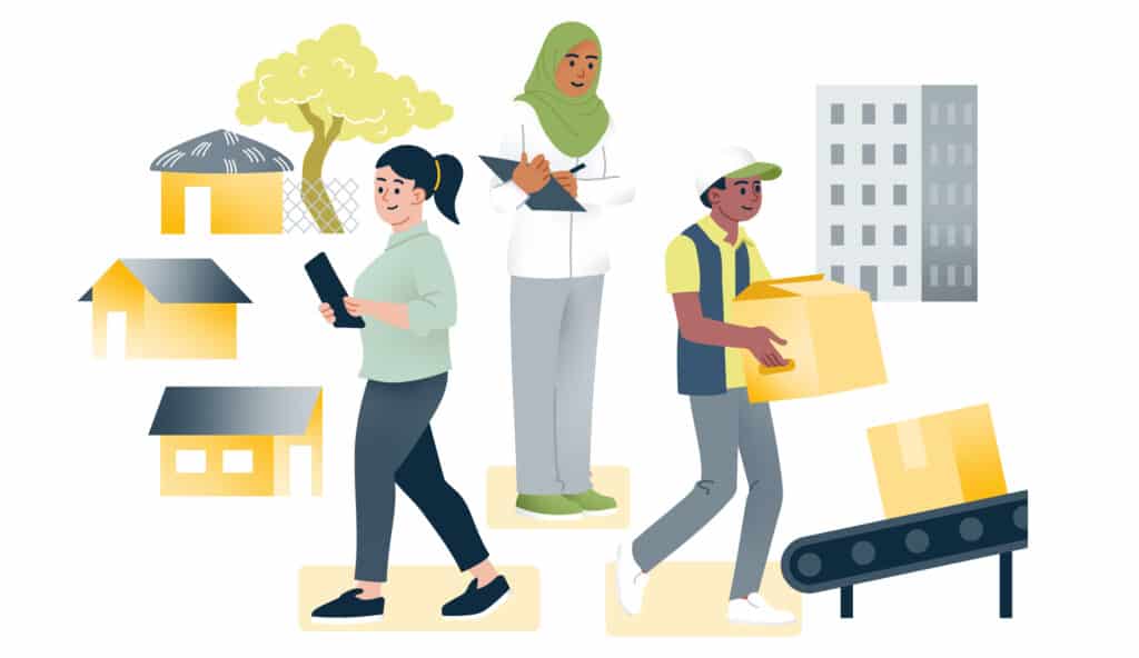 An illustration of three nonprofit or NGO workers holding items (a box, a tablet, a clipboard) to support their supply chain-related work.