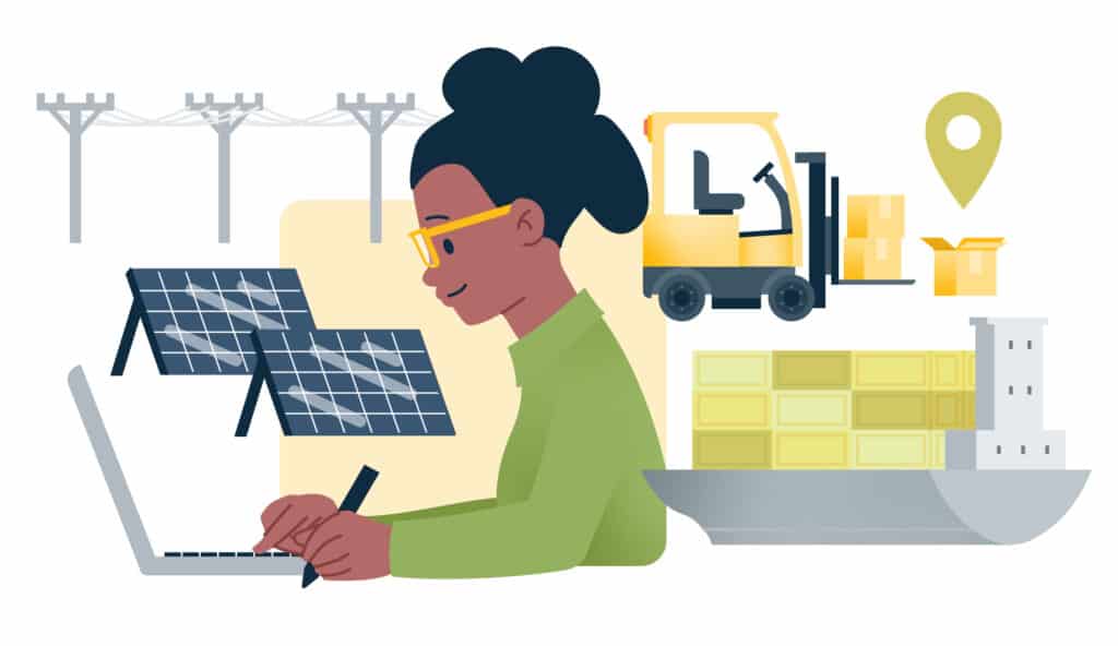 An illustration of a woman working on a laptop with supply chain elements (boxes, forklift, ship) in the background.